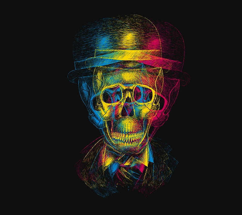 SKULL, anaglyph, color, drawing, hat, HD wallpaper