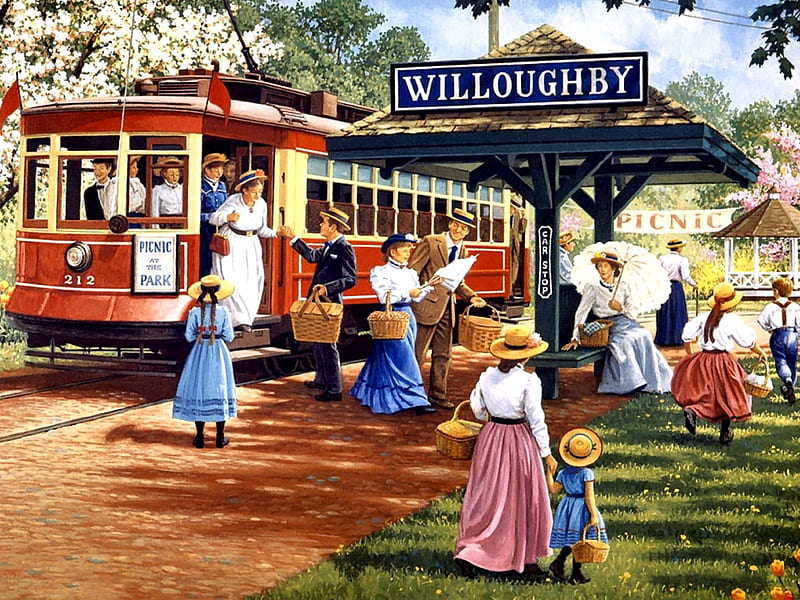 Willoughby F, railroad, art, locomotive, street car, bonito, illustration, artwork, train, engine, painting, wide screen, station, tracks, HD wallpaper