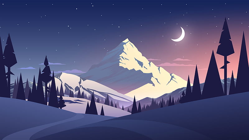 Night Mountains Summer Illustration, HD wallpaper