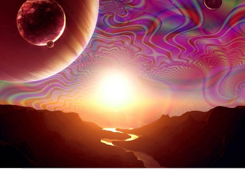 alien sunrise, pink, gold, sunset, sunrise, moons, HD wallpaper