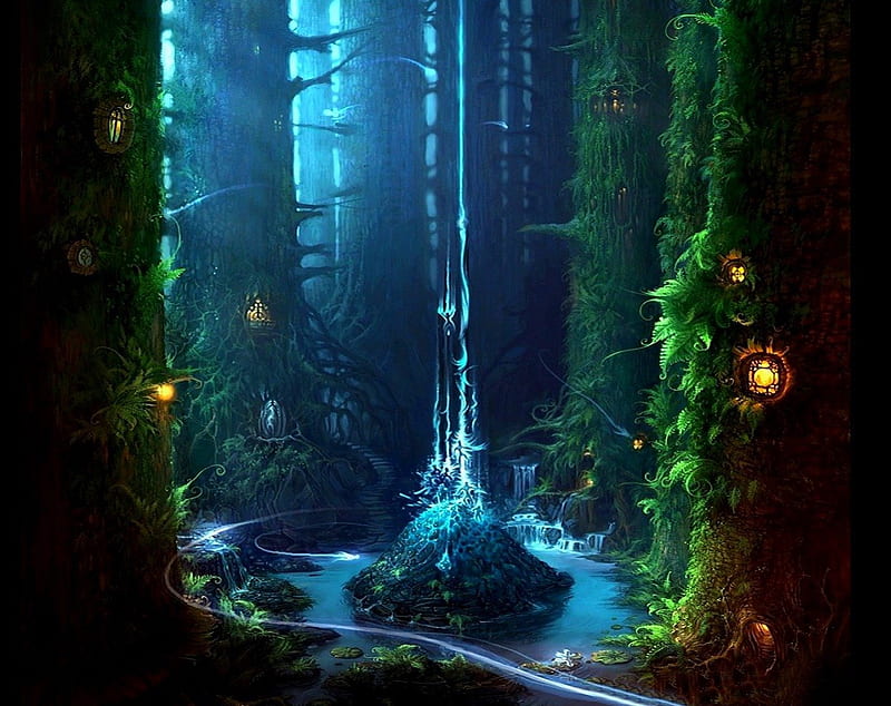 Dark fairyland, forest, amazing, lamp, bonito, magic, fairytale, mystic, lights, elfs, water, dark, nature, wishes, fairy, HD wallpaper