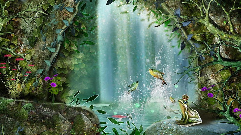 •ღ✿ღ•, pond, frog, fantasy, fantasy land, HD wallpaper