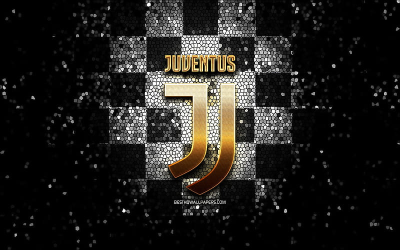Juventus FC, glitter logo, Serie A, black white checkered background, soccer, Juve, italian football club, Juventus logo, mosaic art, football, Italy, FC Juventus, HD wallpaper