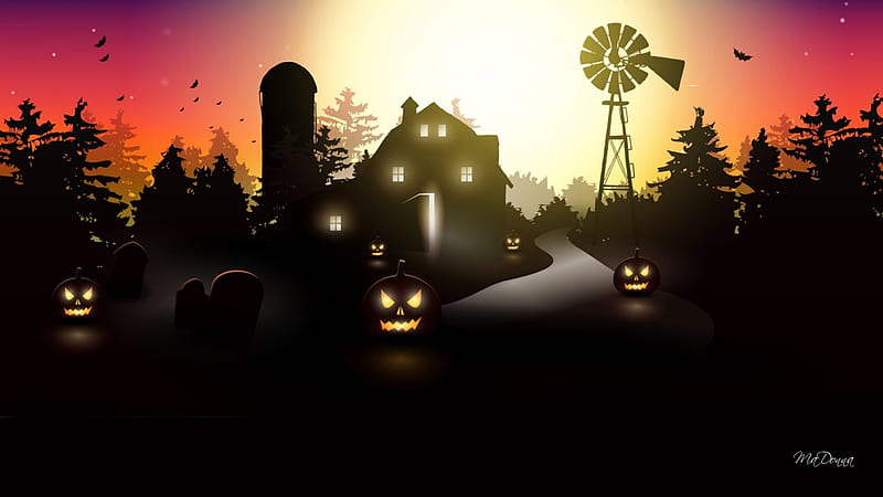Halloween at the Farm, windmill, silo, sunset, country, trees, barn, farm, Halloween, jack-o-lanterns, HD wallpaper