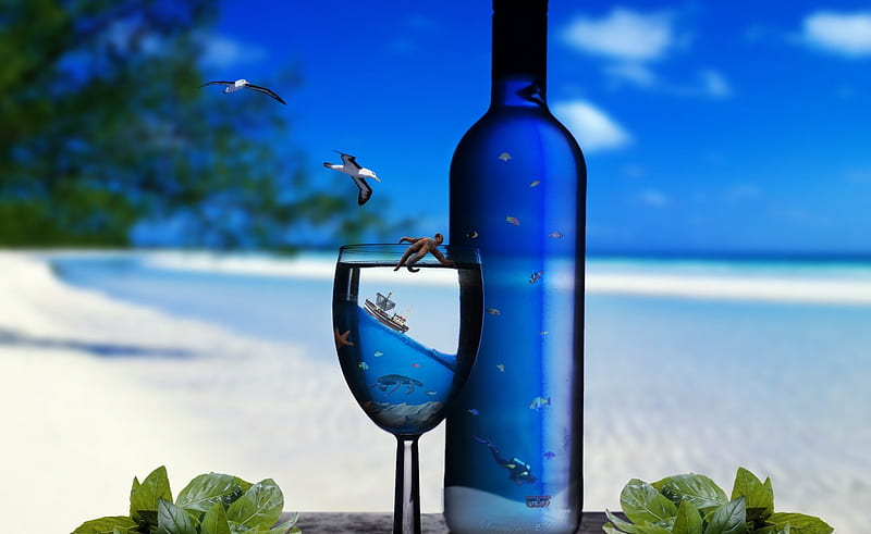 Have a glass of Ocean! ;), fish, bottle, seagulls, sea, beach, octapus, fantasy, sealife, blue, pic, ocean, turtle, wall, glass, water, ship, digital, tropical, HD wallpaper