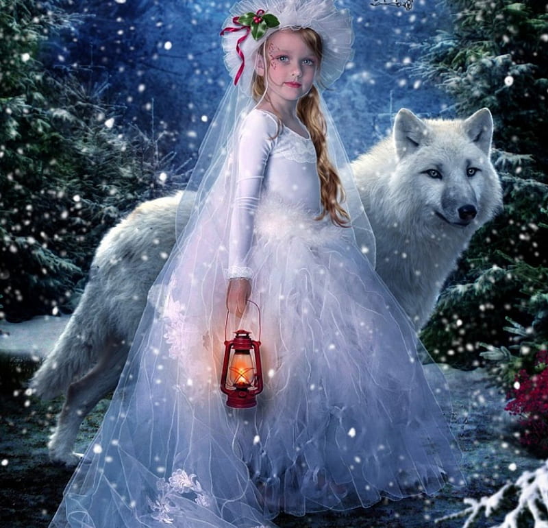 Girl and the White Wolf, forest, dress, lantern, christmas, bonito, winter, girl, snowing, wolf, white, HD wallpaper
