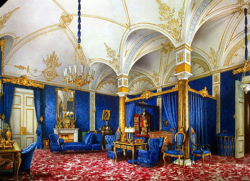 Blue Room, pillars, furniture, tables, artwork, armchairs, HD wallpaper
