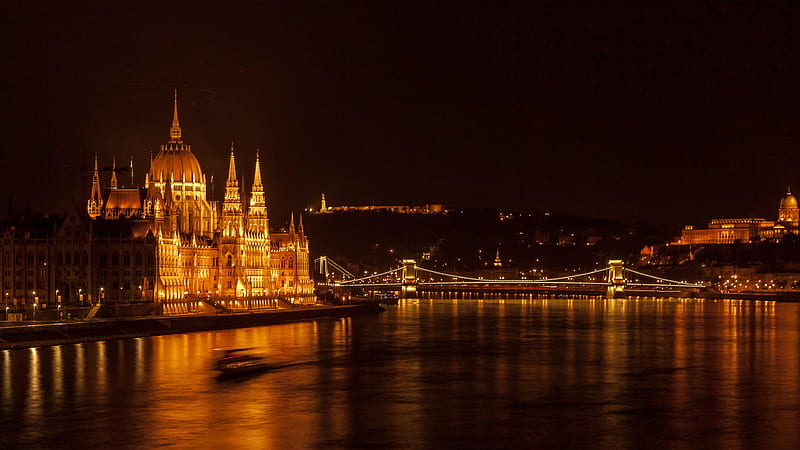 Budapest, Hungary, building, bridge, river, night, danube, HD wallpaper