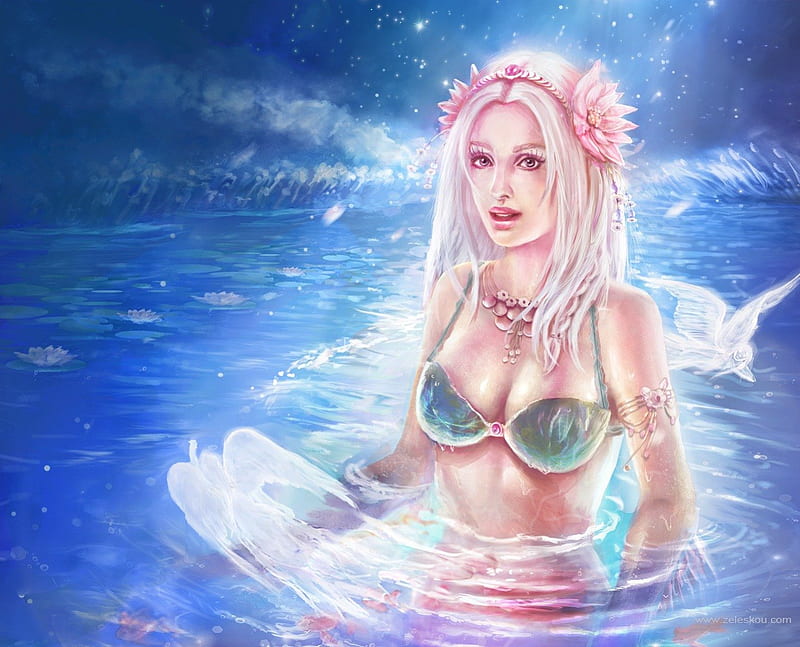 Mermaid and Fairies, mermaid, sky, clouds, sea, fantasy, water, jewlery, fairies, flowers, HD wallpaper