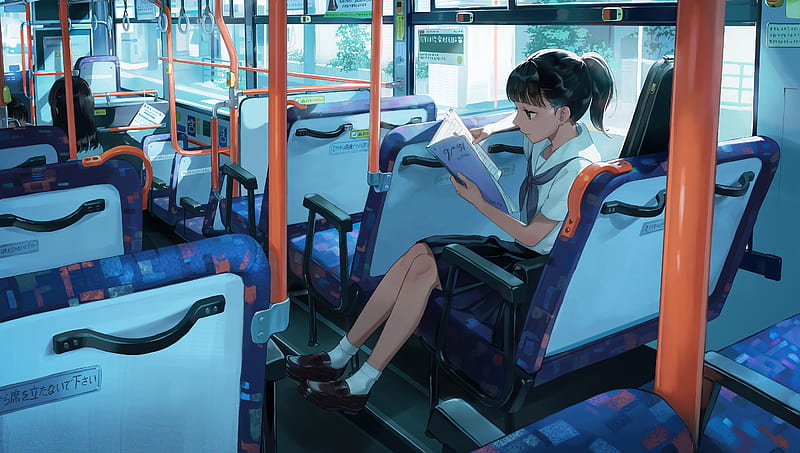 Anime School Girl Bus Reading Book , anime-girl, anime, artist, artwork, digital-art, HD wallpaper