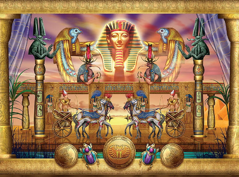 Egyptian, digital, birds, symbols, carts, horses, HD wallpaper