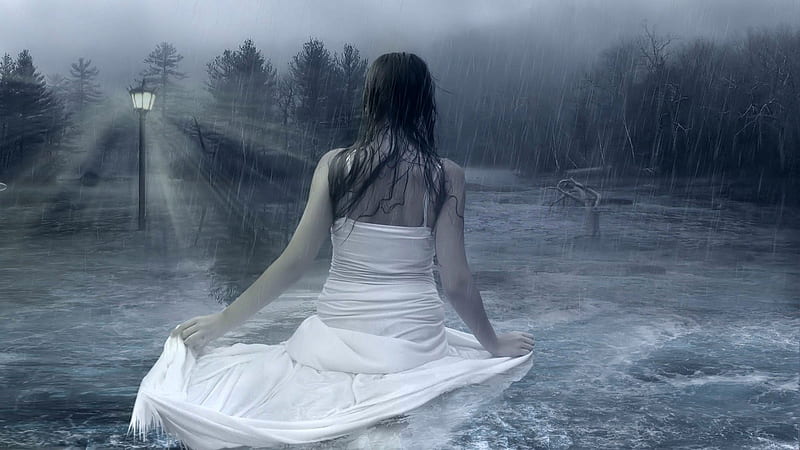 Girl in the Rain, female, woman, water, girl, deep, dark, rain, flood, white dress, light, HD wallpaper