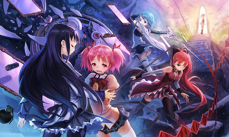 Mahou Shoujo Madoka Magica, kaname madoka, miki sayaka, thigh highs, bonito, akemi homura, tomoe, sakura kyouko, hot, beauty, anime girl, beauties, mechamania, red hair, sexy, cute, cool, awesome, aqua hair, pink hair, HD wallpaper