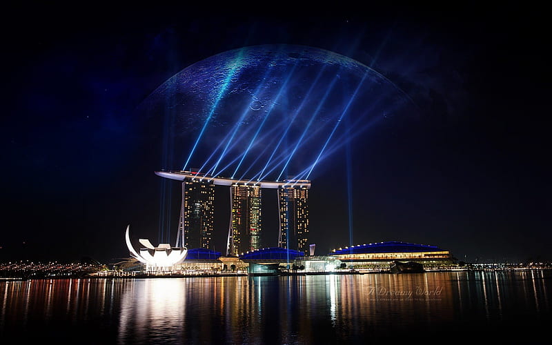 Marina Bay Singapore, architecture, monuments, bonito, singapore, lights, sea, moon, water, marina bay, blue moon, bay, night, HD wallpaper
