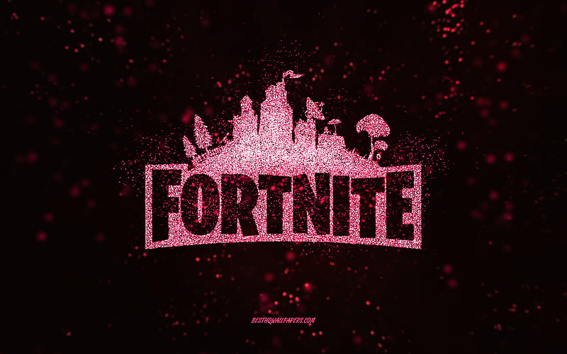 Fortnite glitter logo, black background, Fortnite logo, pink glitter art, Fortnite, creative art, Fortnite pink glitter logo, HD wallpaper