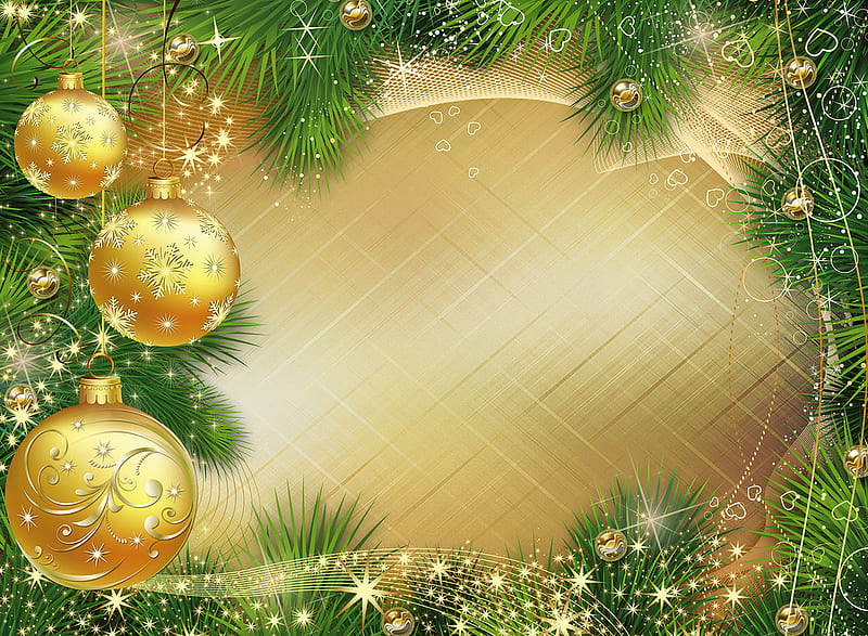 New year border, border, balls, christmas, golden, new year, branches, HD wallpaper
