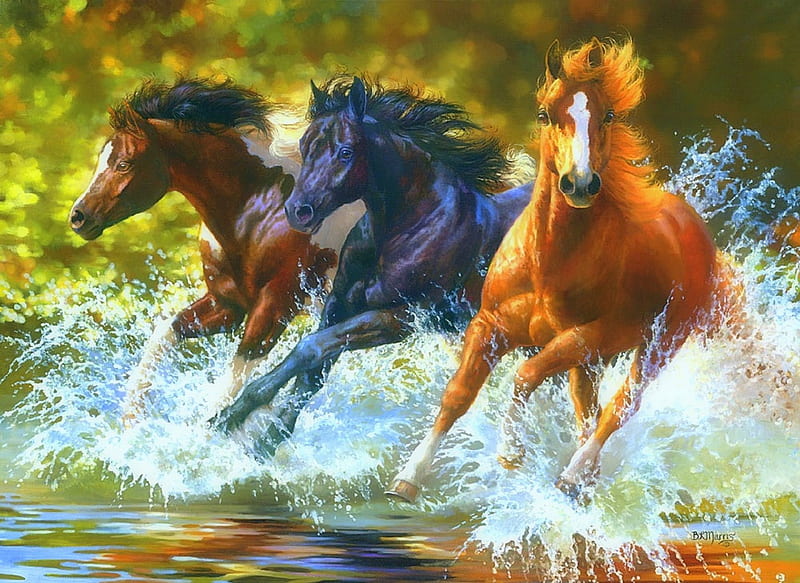 ★Water Splash★, family, lovely, colors, love four seasons, bonito, horses, splash, paintings, water, animals, HD wallpaper