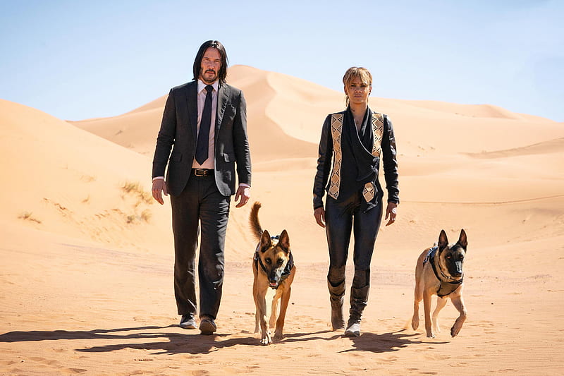 John Wick: Chapter 3 (2019), couple, dog, actor, poster, desert, movie, Keanu Reeves, chapter 3, man, Halle Berry, actress, john wick 3, HD wallpaper