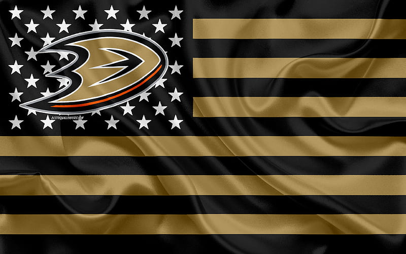 Anaheim Ducks, American hockey club, American creative flag, black gold flag, NHL, Anaheim, California, USA, logo, emblem, silk flag, National Hockey League, hockey, HD wallpaper