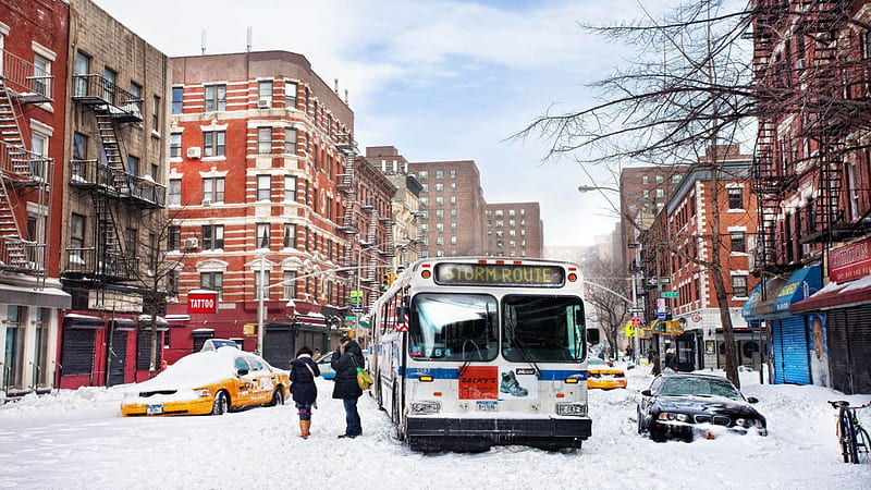 hard winter in nyc, city, street, winter, bus, HD wallpaper