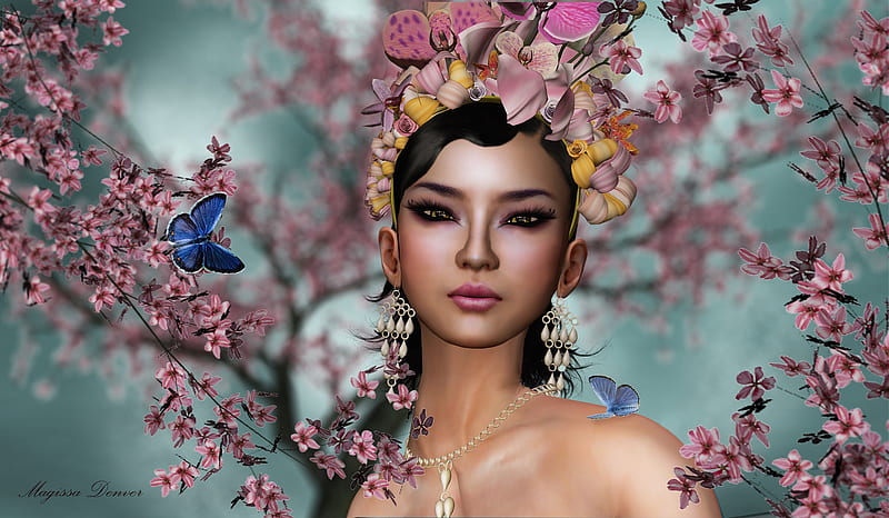 Beauty, wreath, frumusete, luminos, cao blossom, spring, woman, fantasy ...