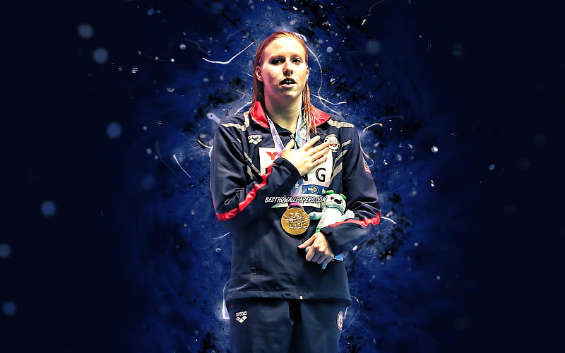 Lilly King, american swimmer, blue neon lights, creative, Lilly King with medal, artwork, Lilly King, HD wallpaper
