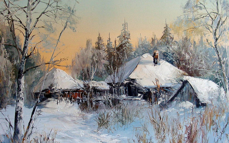Rural landscape, Rural, Winter, Canvas, Oil, Painting, House, HD wallpaper