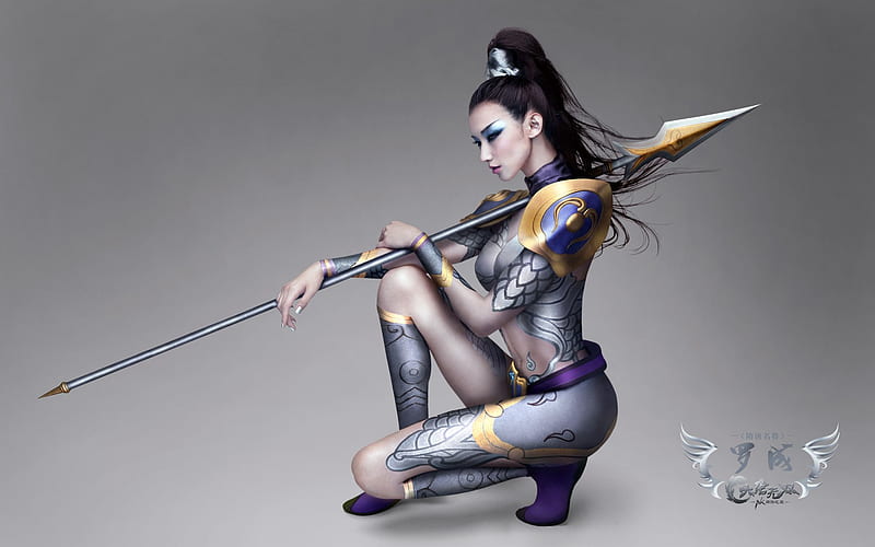 Chinese Warrior, warrior, girl, spear, chinese, body paint, weapon, HD wallpaper