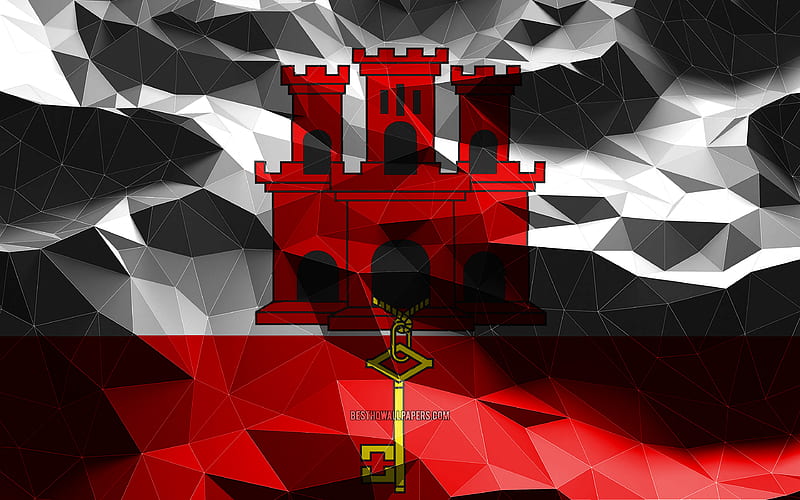 Gibraltar flag, low poly art, European countries, national symbols, Flag of Gibraltar, 3D flags, Gibraltar, Europe, Gibraltar 3D flag, HD wallpaper