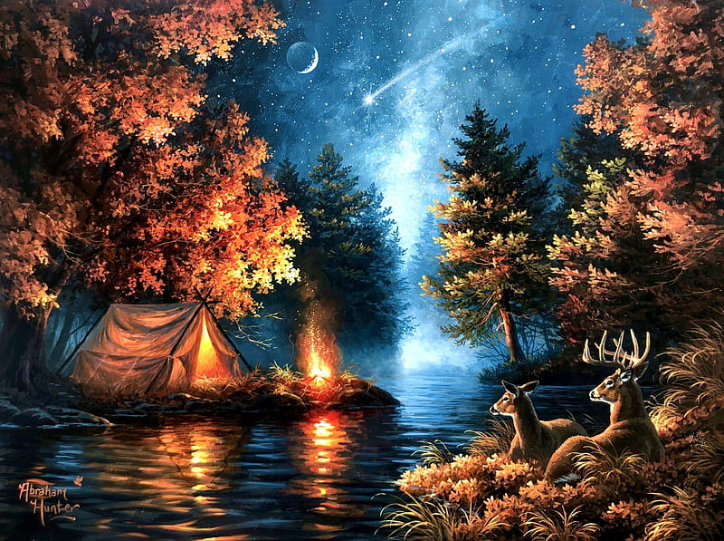 Wishing Upon a Star, leaves, autumn, tent, campfire, river, trees, deer, forest, artwork, painting, HD wallpaper