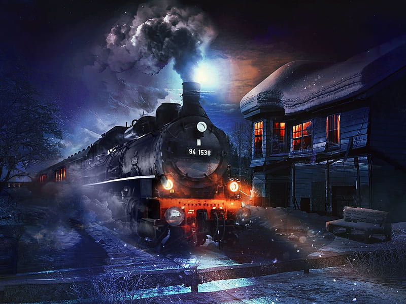 night train, building, steam, train, night, HD wallpaper