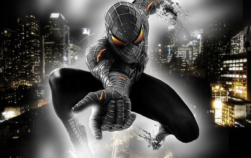 spider man black, black, man, city, spider, HD wallpaper