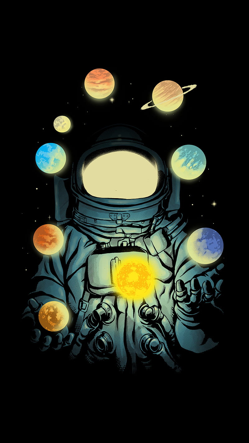 Juggling Planets, Digital, astronaut, desenho, fantasy, illustration, magic, space, HD phone wallpaper