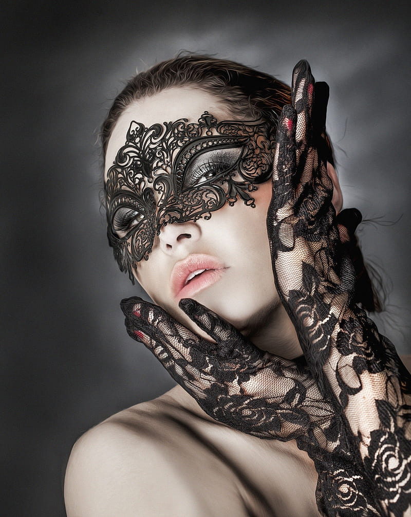 Joachim Bergauer, makeup, mask, face, gloves, , women, model, portrait, simple background, HD phone wallpaper