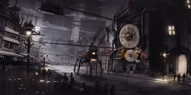 Night, Clock, City, Robot, Sci Fi, Steampunk, HD wallpaper