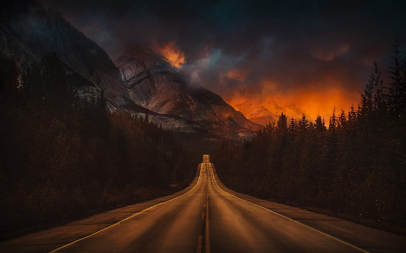 Canada mountains, road, sunset, forest, HD wallpaper