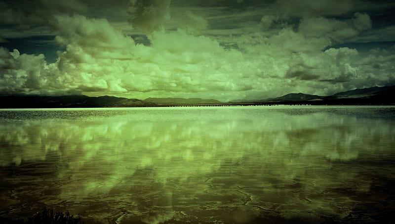 green day, green hue, clouds, lake, mountains, HD wallpaper