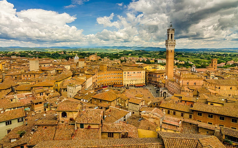 church tower in siena italy, city, tower, plaza, church, clouds, HD wallpaper