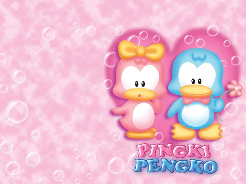 Penguin Couple, romantic, flower, bubbles, penguins, couple, pink heart, HD wallpaper