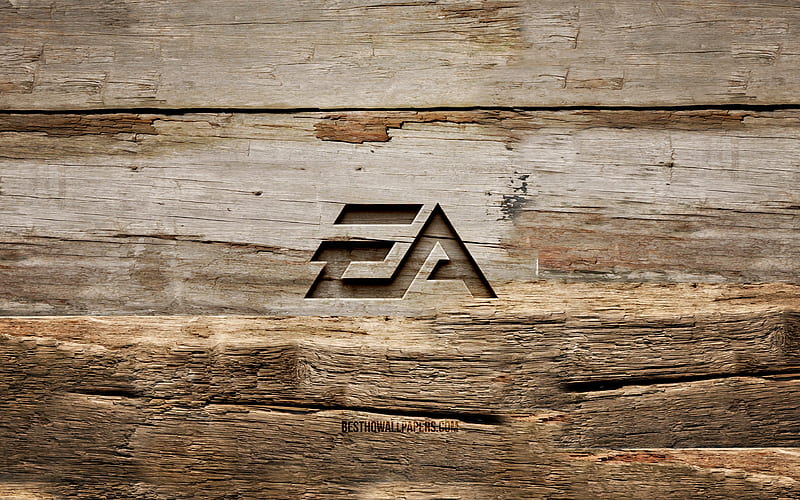 EA Games wooden logo, , wooden backgrounds, brands, EA Games logo, Electronic Arts, creative, wood carving, EA Games, HD wallpaper