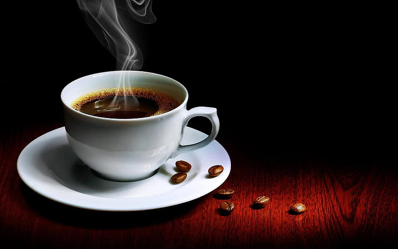 Coffee, saucer, beans, hot, black, cup, steam, white, HD wallpaper