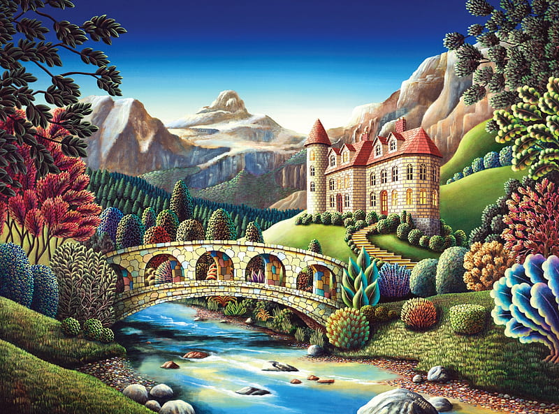 Castle,by the Bridge, colorful, puzzle, jigsaw, castle, bridge, HD wallpaper