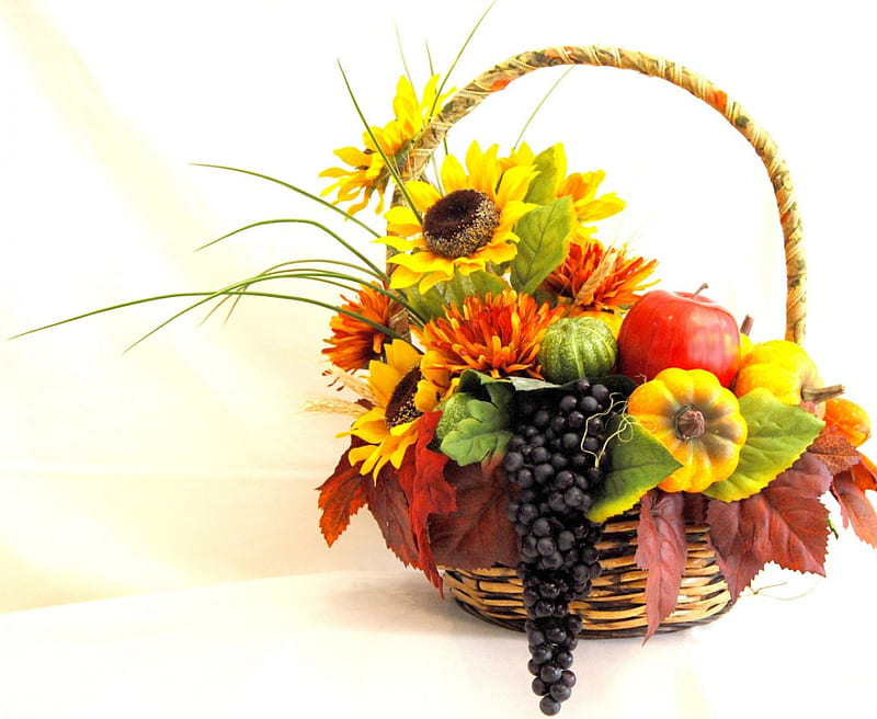 Beautiful harvest, fall, autumn, harvest, moments, yellow, sunflower, basket, love, siempre, abundant, HD wallpaper