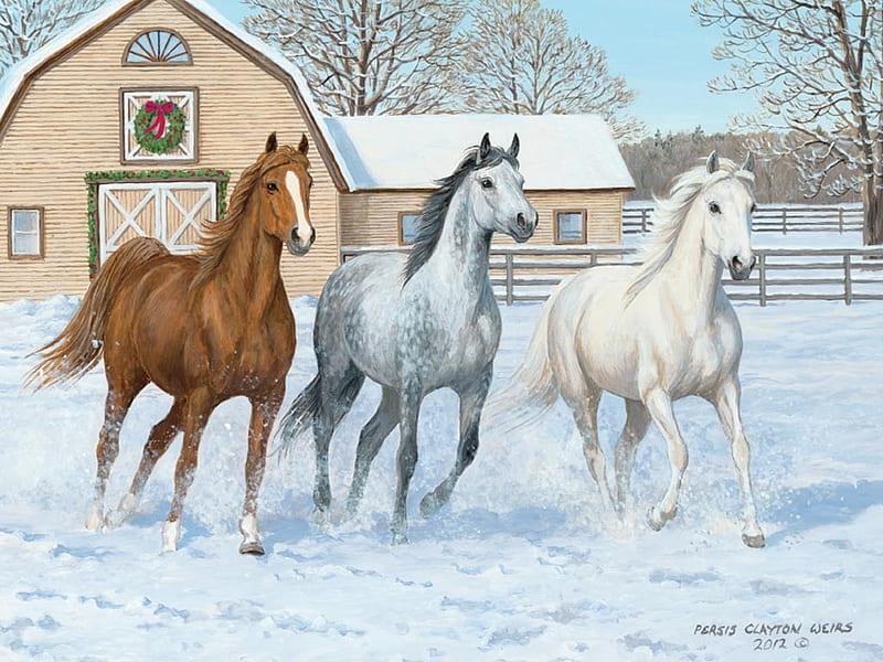 Horses, art, persis clayton weirs, luminos, craciun, christmas, horse, winter, snow, trio, painting, white, pictura, HD wallpaper