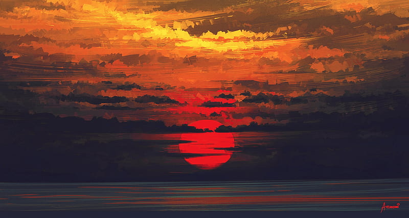 Sunset, red, art, luminos, black, sky, alena aenami, sea, fantasy, water, painting, summer, pictura, HD wallpaper