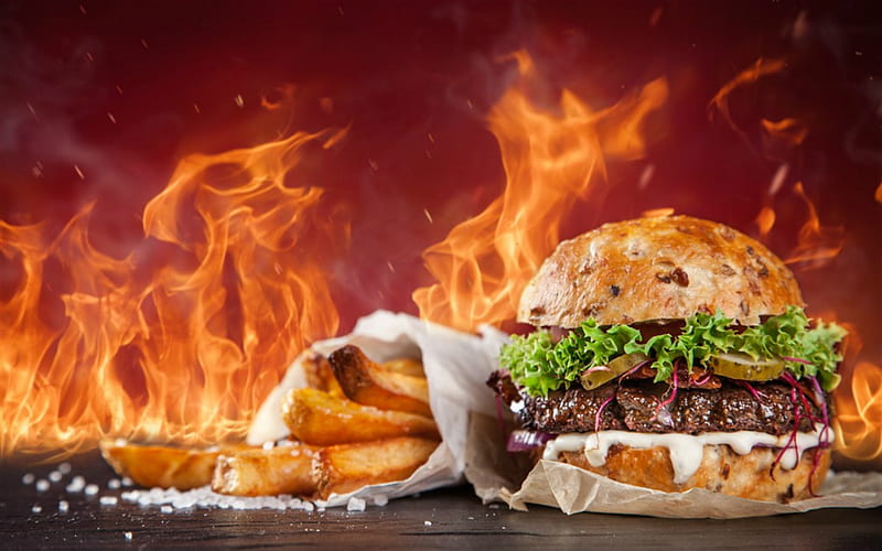 Tasty Burger, fries, meat, food, burger, HD wallpaper