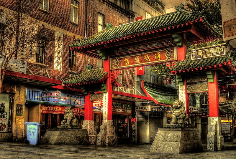 Chinatown, house, street, lights, HD wallpaper
