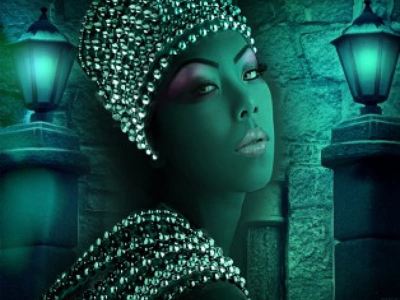 Pearls ornaments, female, lanterns, peals, queen, shadows, beauty, look Egyptian, woman, HD wallpaper