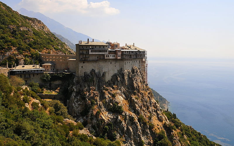 Monastery on Mount Athos, Greece, Greece, mount, sea, monastery, HD wallpaper