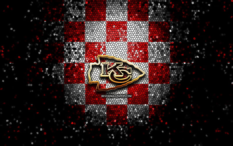 Kansas City Chiefs, glitter logo, NFL, red white checkered background, USA, american football team, Kansas City Chiefs logo, mosaic art, american football, America, HD wallpaper